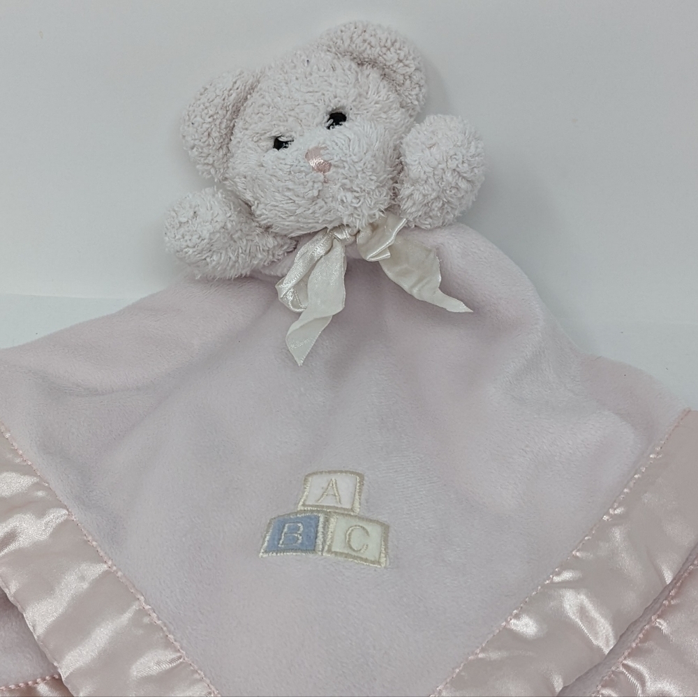 BEARINGTON Baby Pink Bear Lovey ABC Satin Trim Rattle